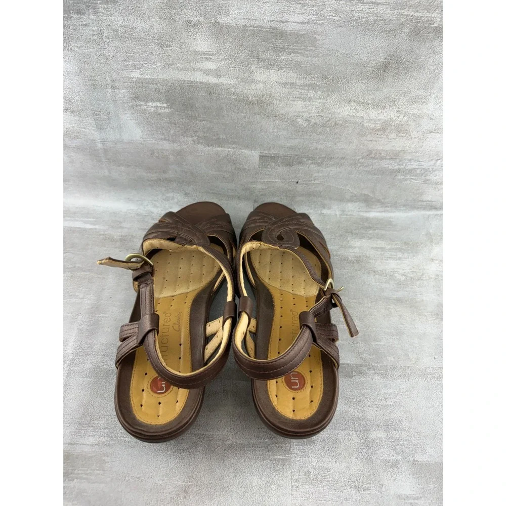 Clarks Unstructured Bronze Leather Strappy Slingback Wedge Sandals Women Sz 8M